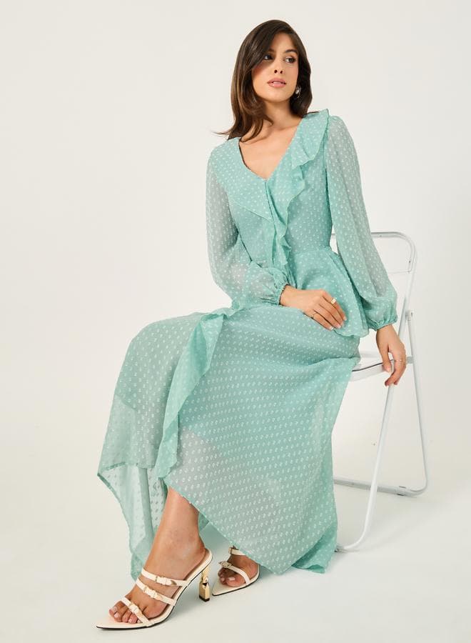 Styli Dobby Ruffle Detail Mint Green Maxi Dress - Image 1