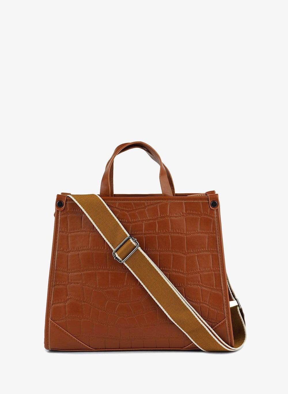 Brown Croco Faux Leather Trapezium Hand Bag - Image 1