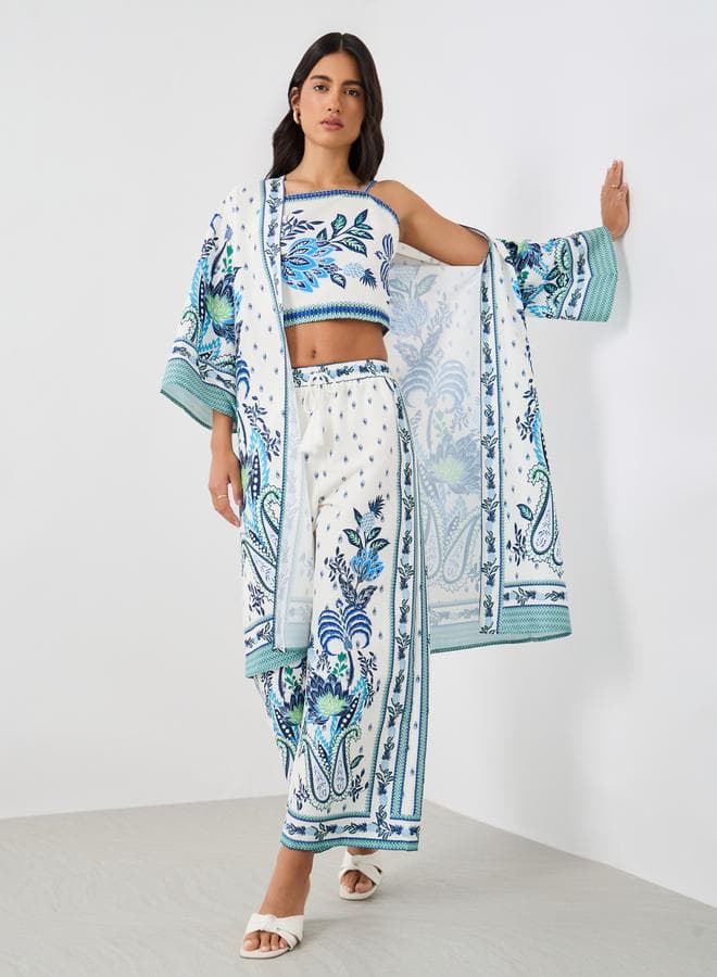 Printed Wide Leg Pants with Drawstring - Image 1
