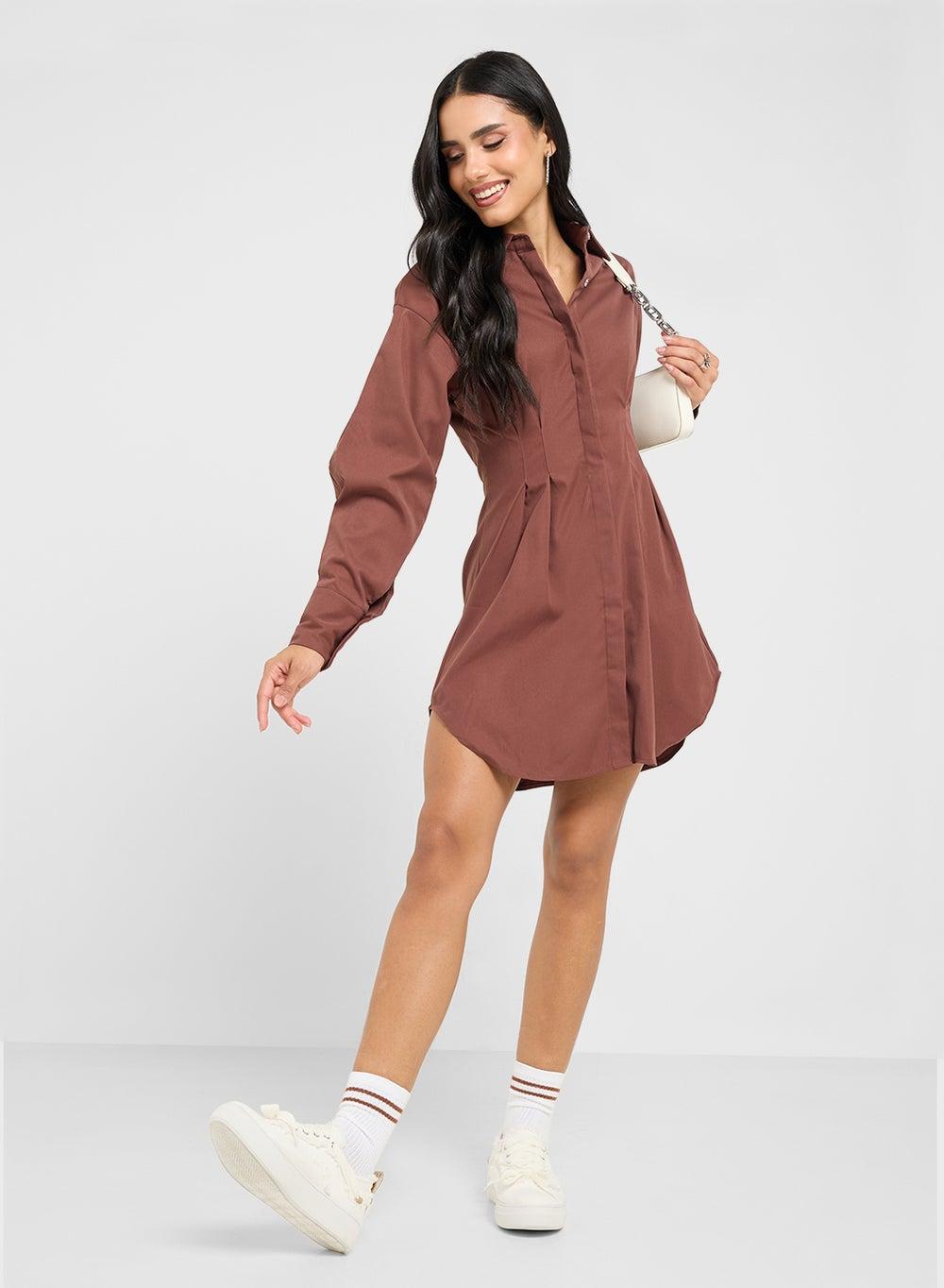 Brown A-Line Shirt Dress with Front Pleating - Image 1