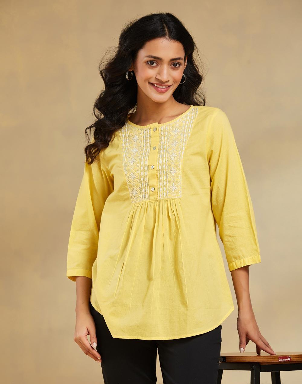 Yellow Cotton Chikankari Top for Women - Image 1