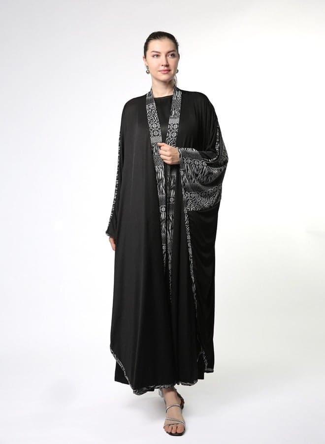 Printed Collar Kimono Butterfly Abaya - Image 1