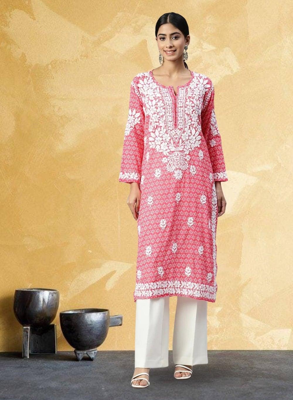 Pink Hand Embroidered Lucknowi Chikankari Mulmul Cotton Kurta AL3650 - Image 1
