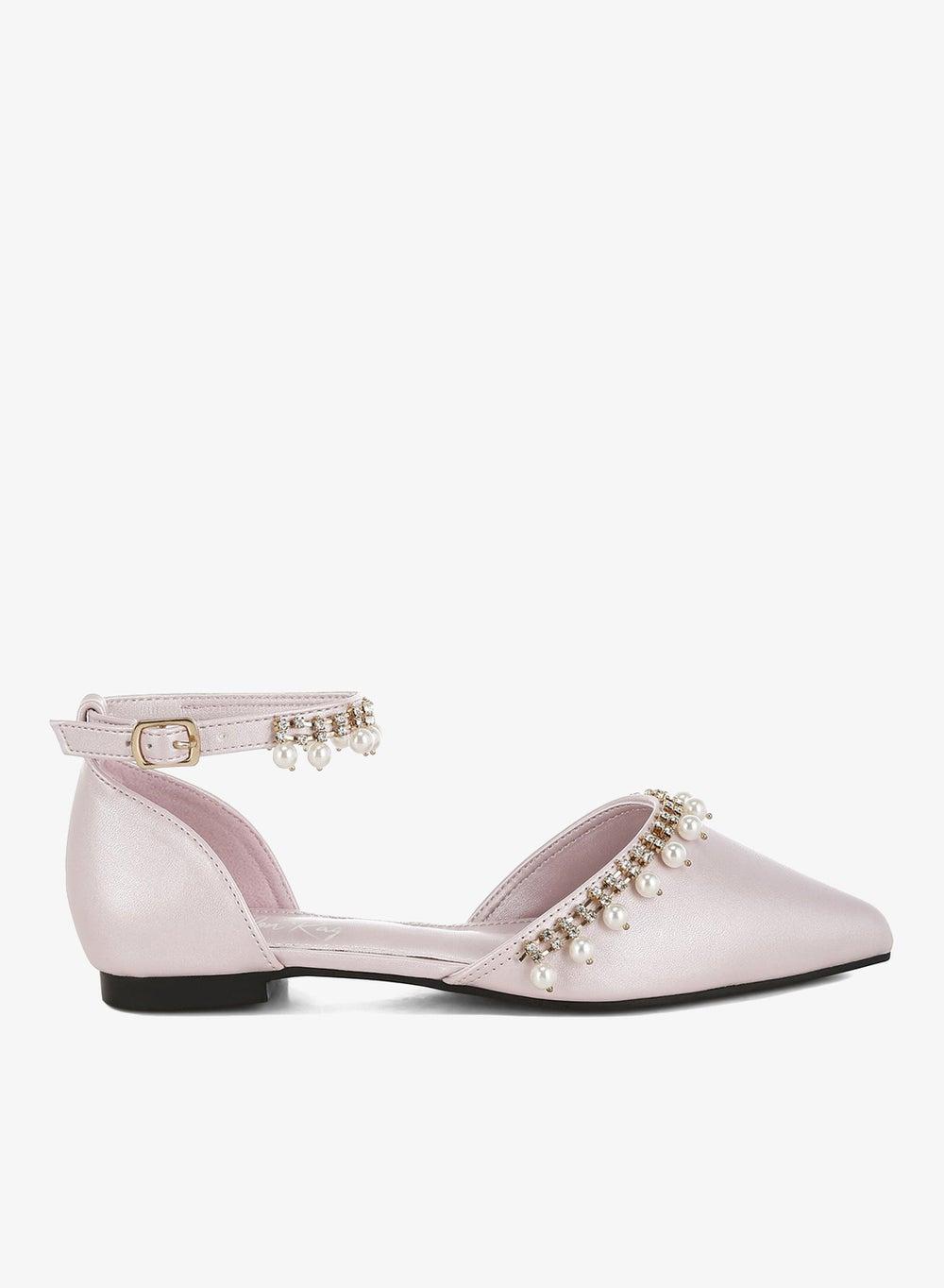 Blush Rhinestone Pearl Ankle Strap Flat Sandals - Image 1