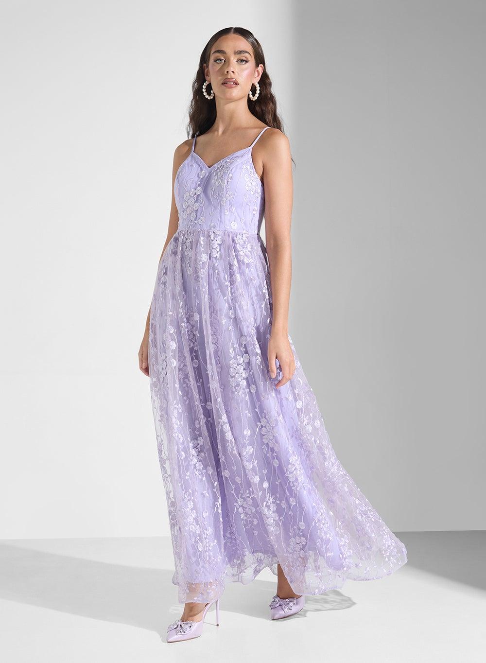 Floral Overlay Lavender Sleeveless Maxi Dress - Image 1