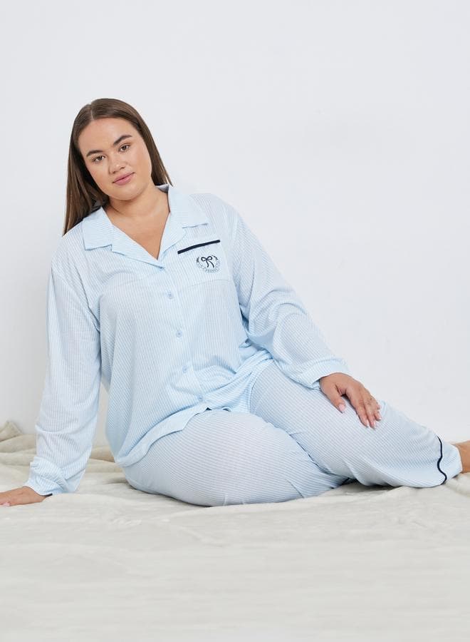 Styli Plus Bow Print Pocket Striped Pyjama Set - Image 1