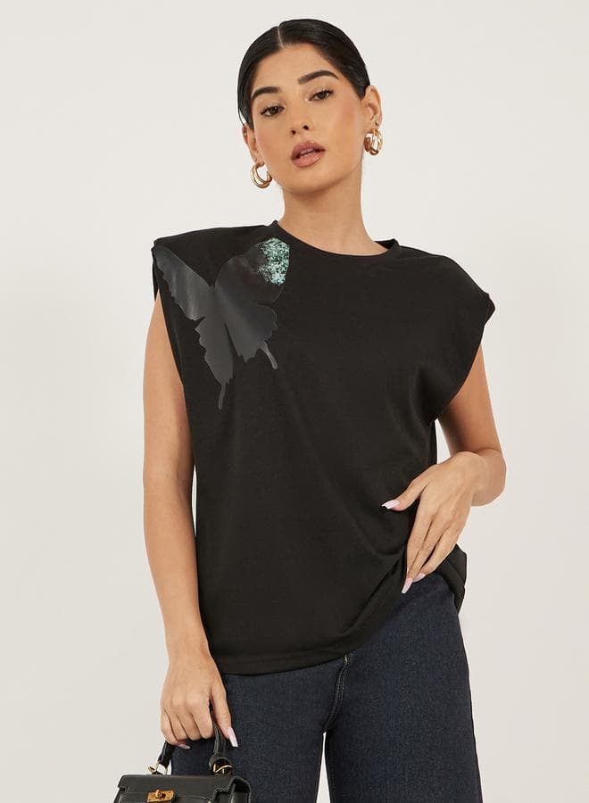 Styli Graphic Print Padded Shoulder Sleeveless Top - Image 1