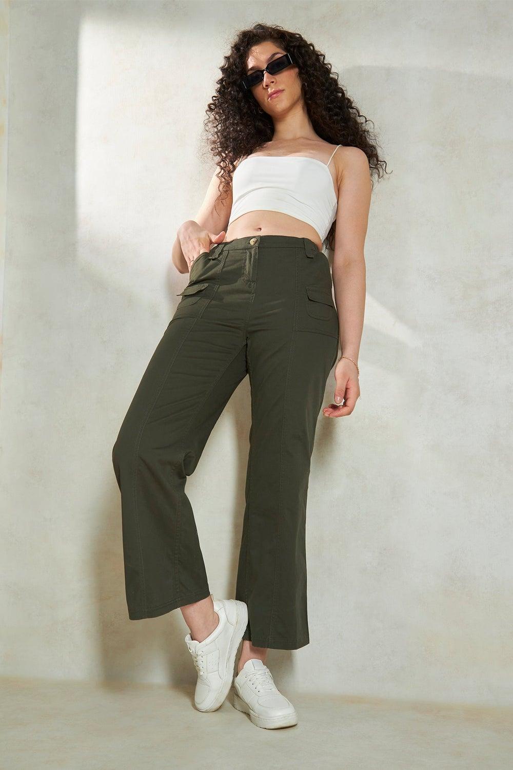 Cotton Stretch Olive Cargo Trousers for Women - Image 1