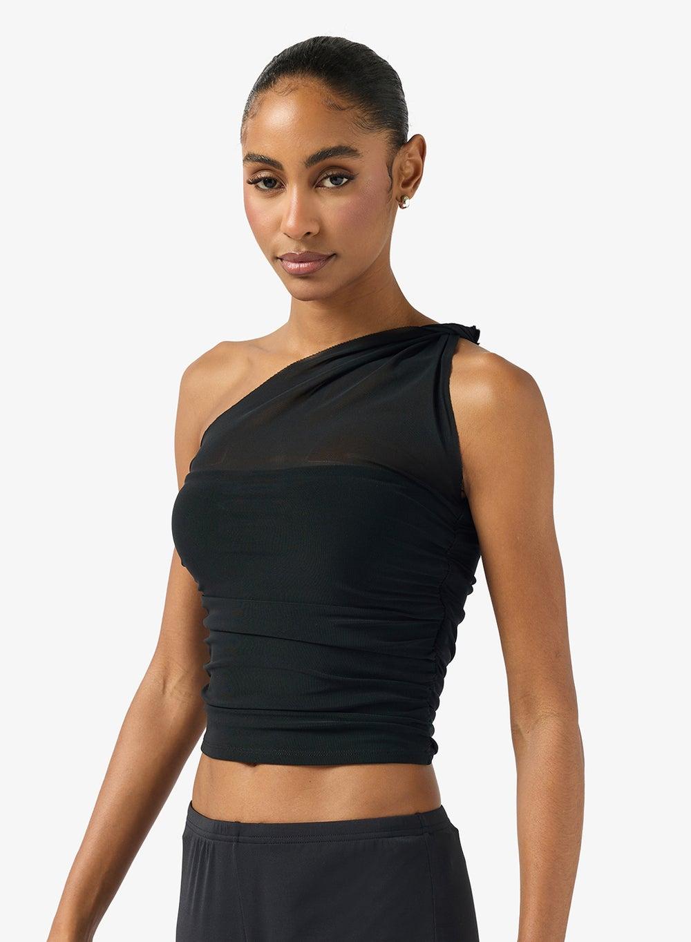 One Shoulder Mesh Detail Training Top - Image 1