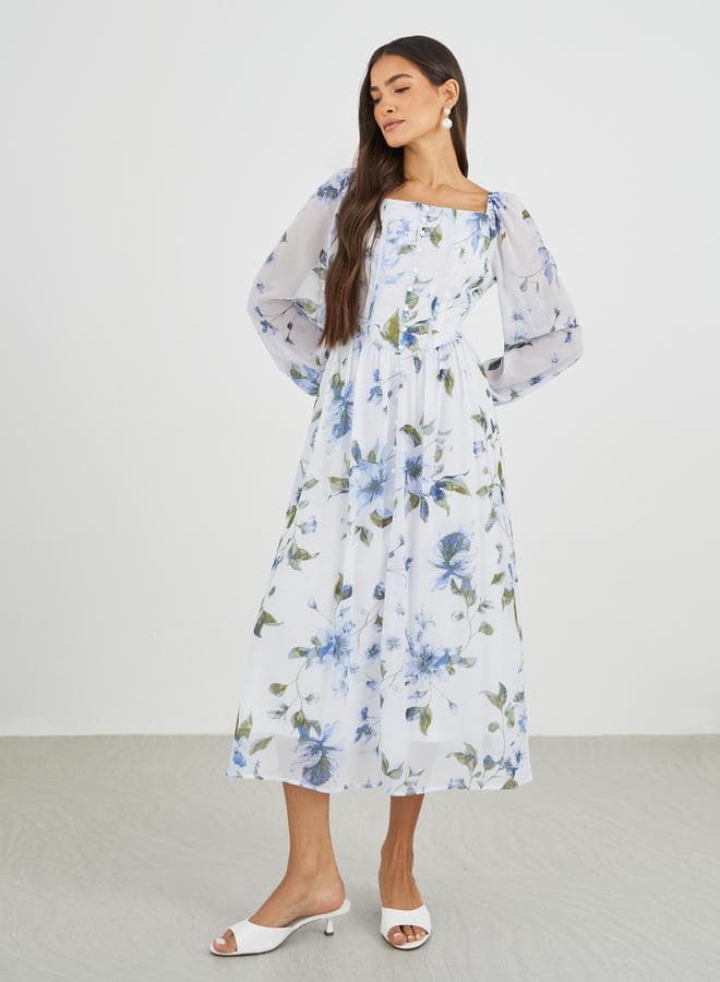 Floral Chiffon Midi Dress with Square Neckline - Image 1
