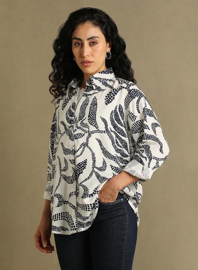 Blue Printed Oversized Shirt for Women - Image 1