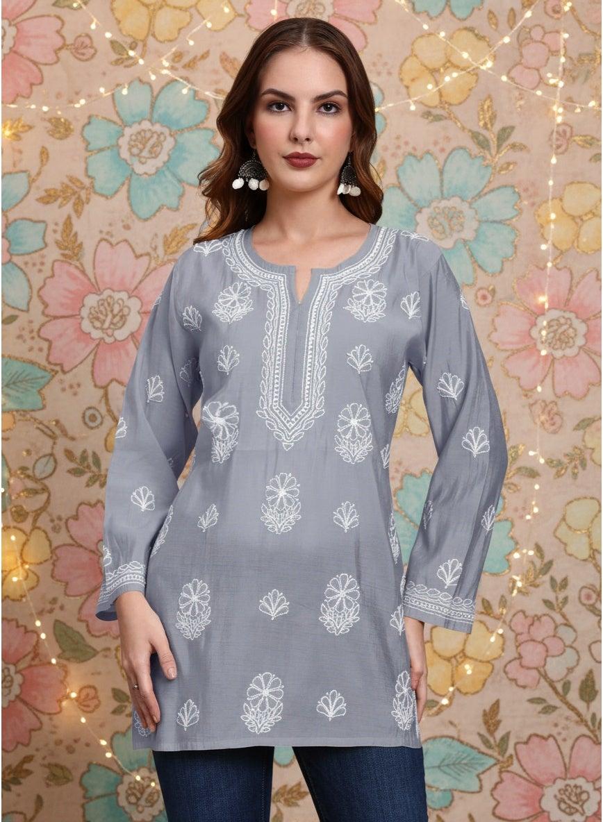 Hand Embroidered Chikankari Chanderi Kurti AL4090 - Image 1