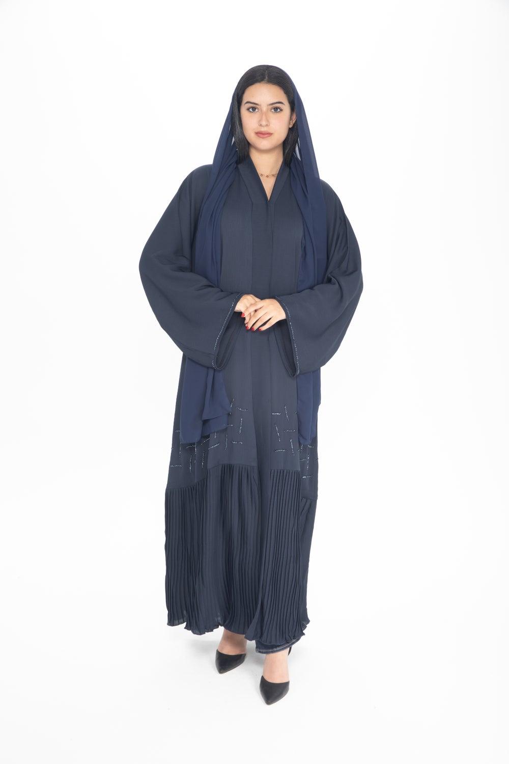 Navy Abaya with Pleated Hem and Bead Accents - Image 1