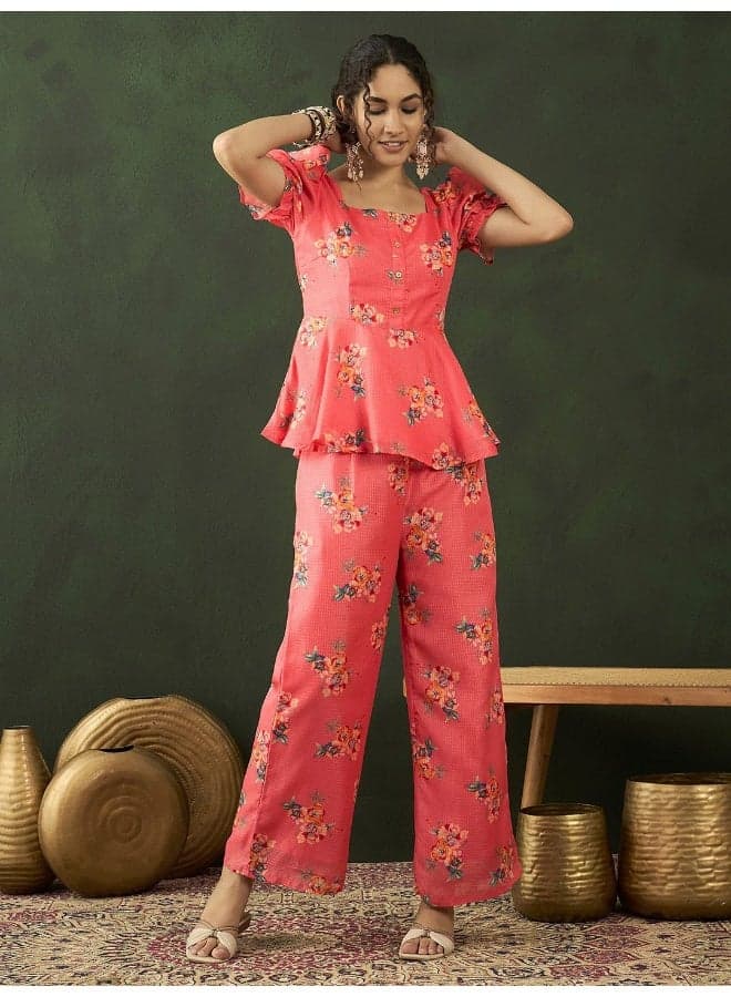 Peach Floral Print Peplum Co-Ord Set - Image 1