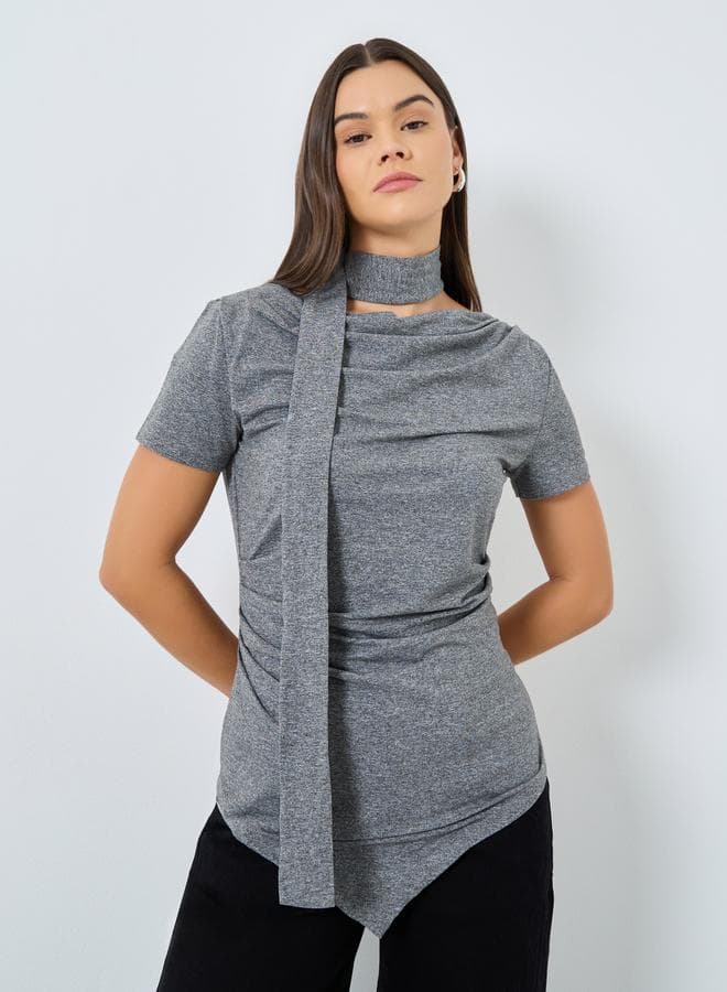 Styli Grey Knit Top with Tie Neck Detail - Image 1
