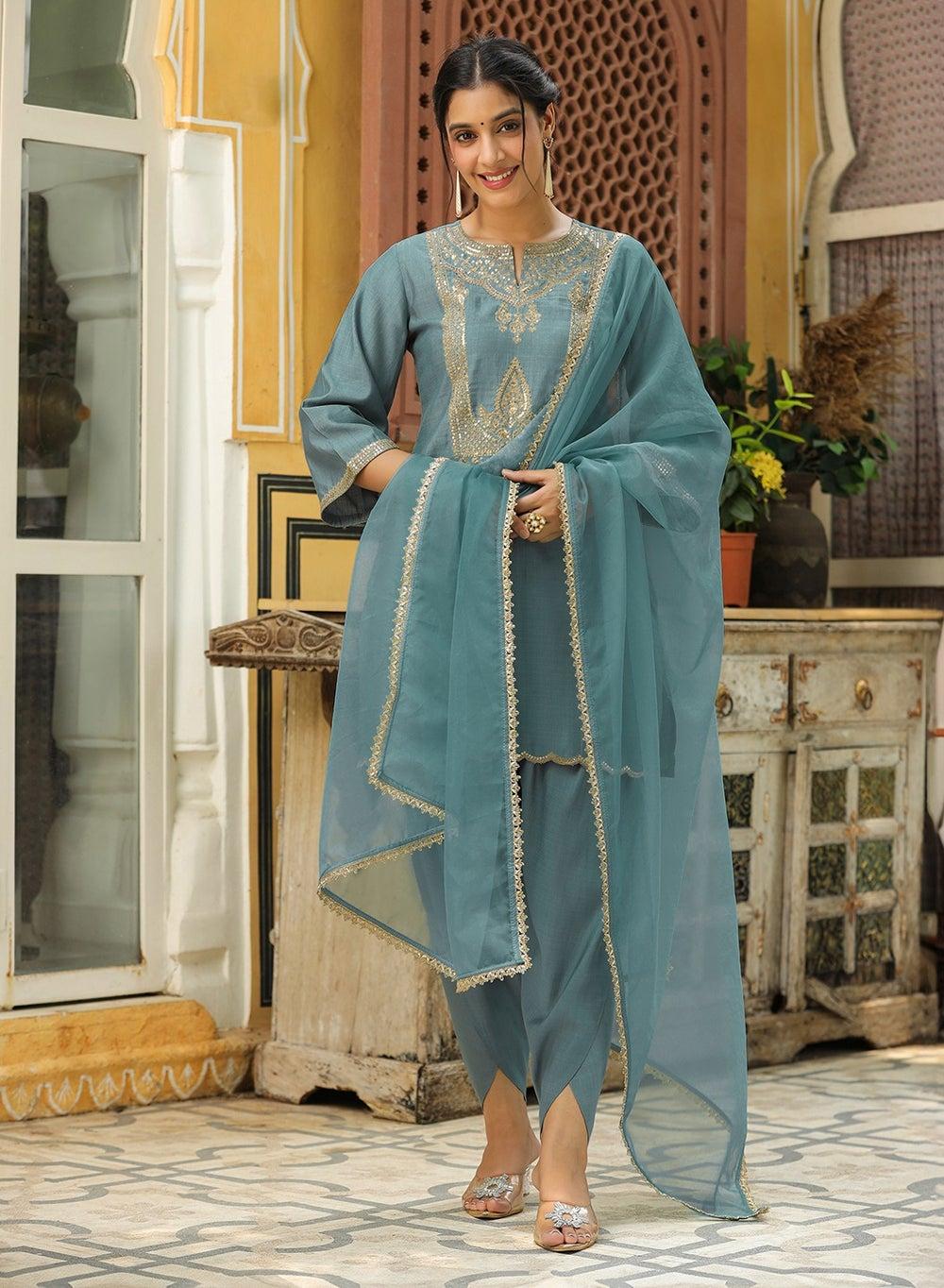 Blue Chinnon Embroidered Kurta 3Pc Set - Image 1