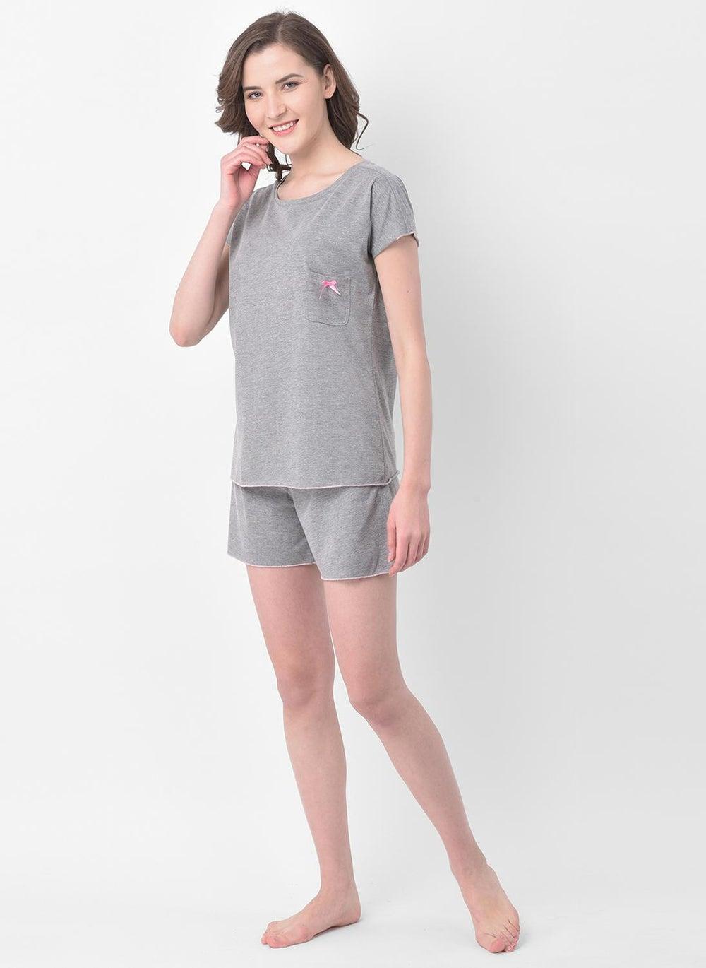 Clovia Chic Grey Cotton Top & Shorts Set - Image 1