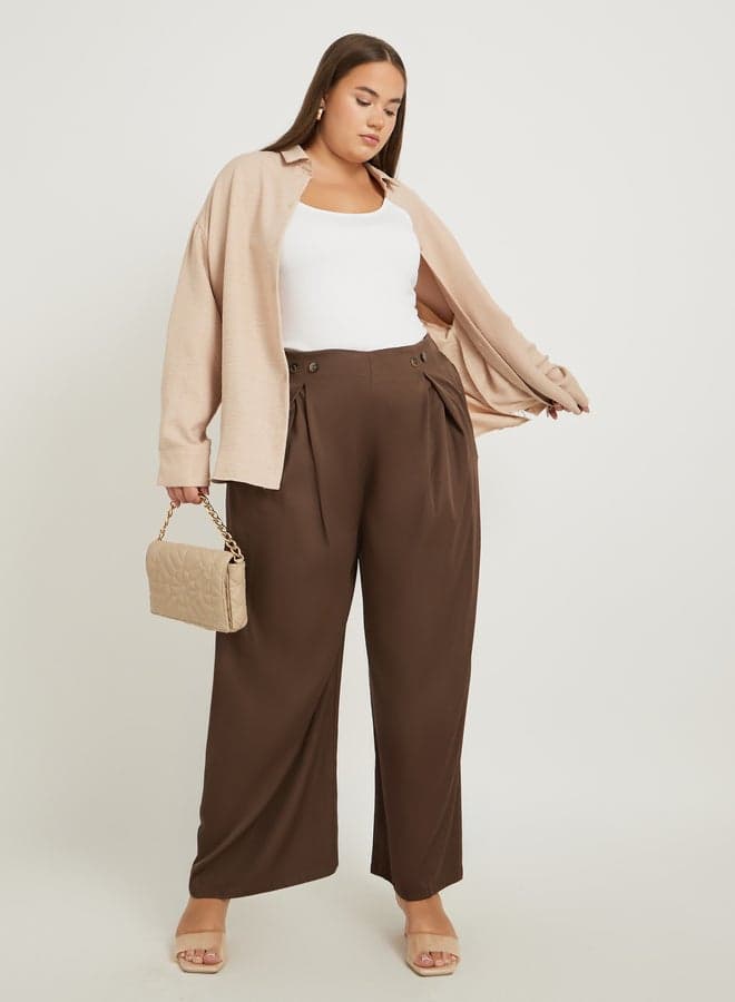 Styli Plus Size Pleated Wide Leg Pants with Button Detail - Image 1