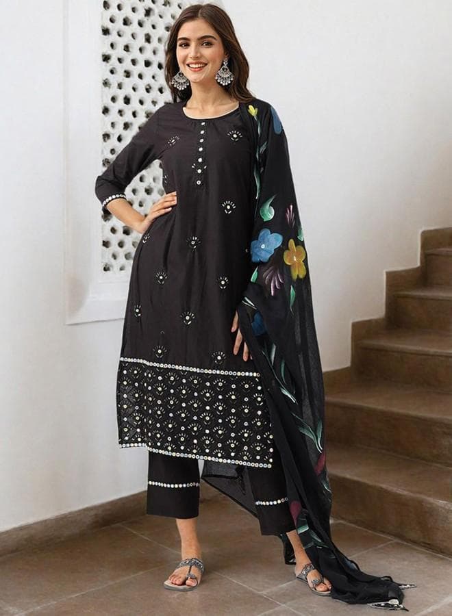 Women's Black Cotton Embroidered Kurta Set with Palazzo - Image 1