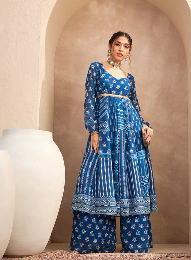 Floral Print Sweetheart Neck Anarkali Kurta Palazzos Set - Image 1