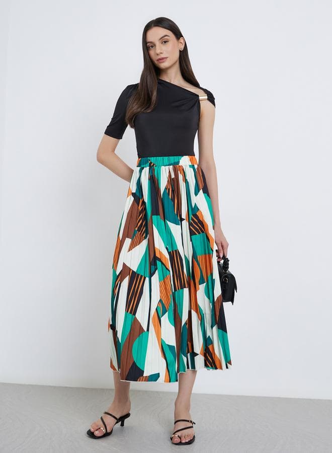 Women’s Geometric Print Pleated A-Line Maxi Skirt - Image 1
