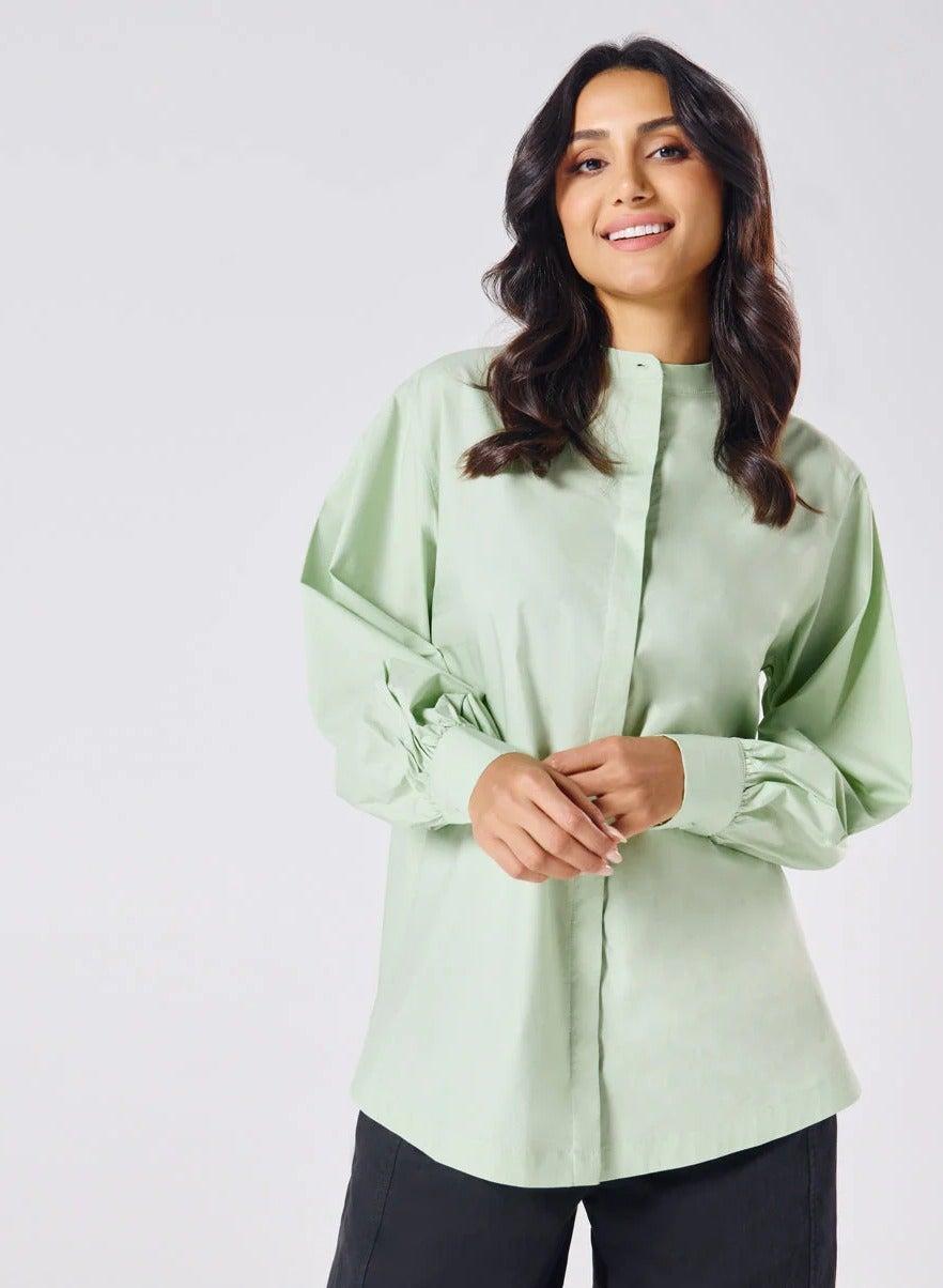 Baby Green Mandarin Collar Oversized Cotton Shirt - Image 1