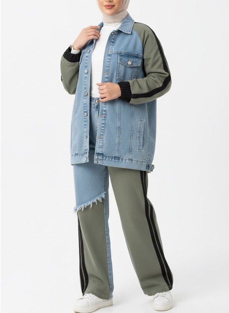 Two-Piece Denim and Fabric Patchwork Set - Image 1