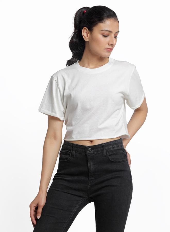 Off White Cotton Short Sleeve Crop T-Shirt - Image 1