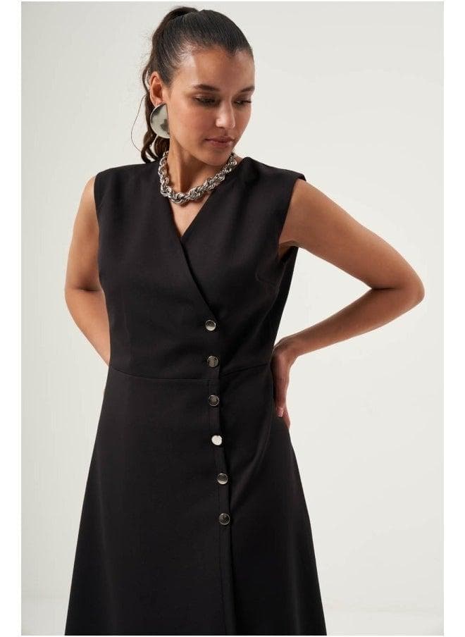 Black Button Front V-Neck A-Line Dress - Image 1