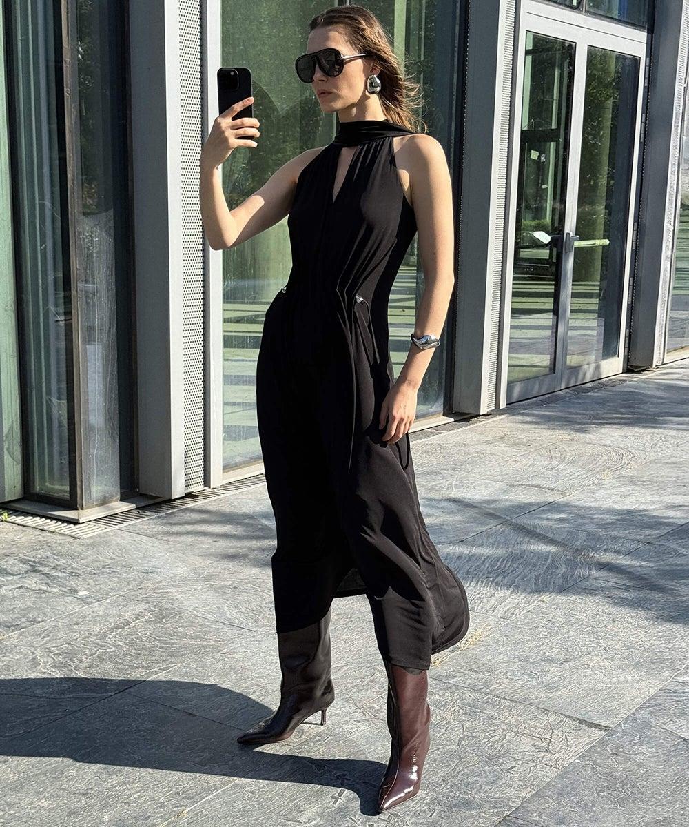 Relaxed Fit Scarf-Effect Midi Dress with Adjustable Waist - Image 1