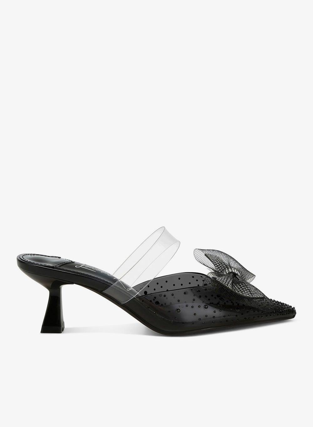 Black Embellished Bow Kitten Heels - Image 1