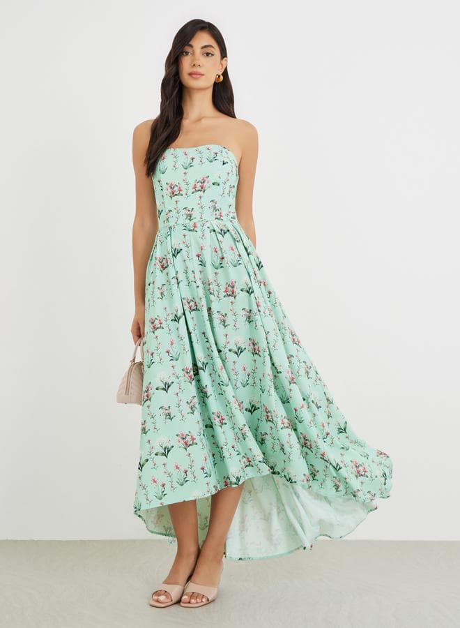 Floral Strapless Midi Dress with High-Low Hem - Image 1