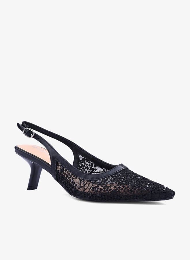 Women's Slingback Lacy Mesh Heeled Pumps - Image 1
