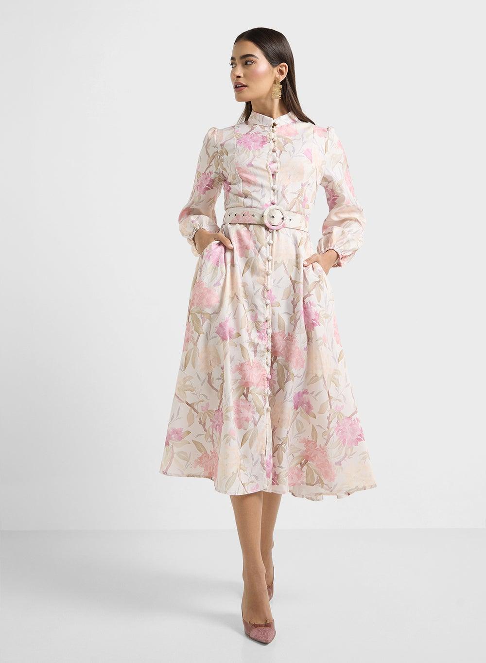 Floral Belted Midi Dress with High Neckline - Image 1