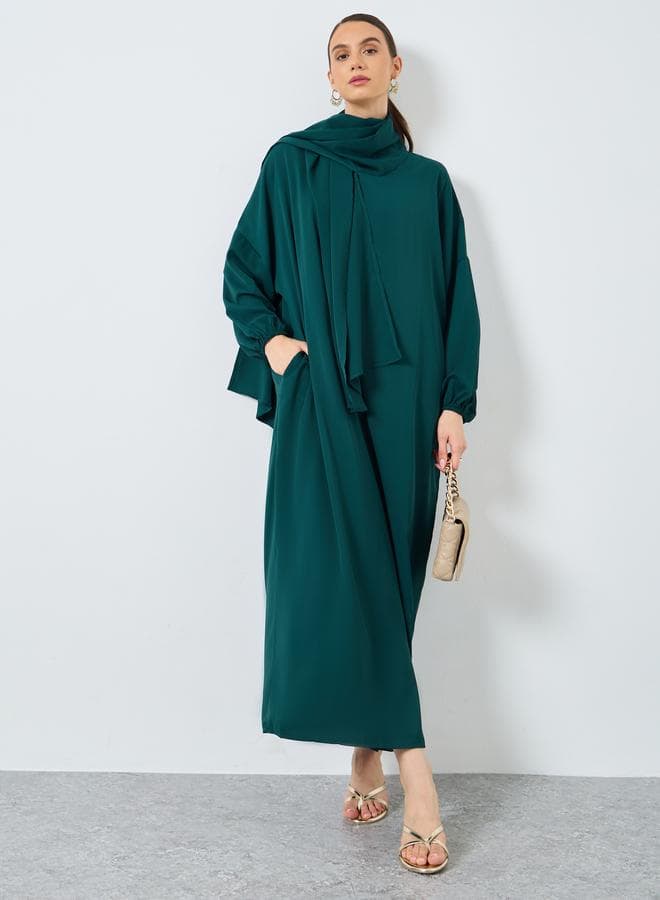 Green Volume Sleeves Abaya with Matching Scarf - Image 1