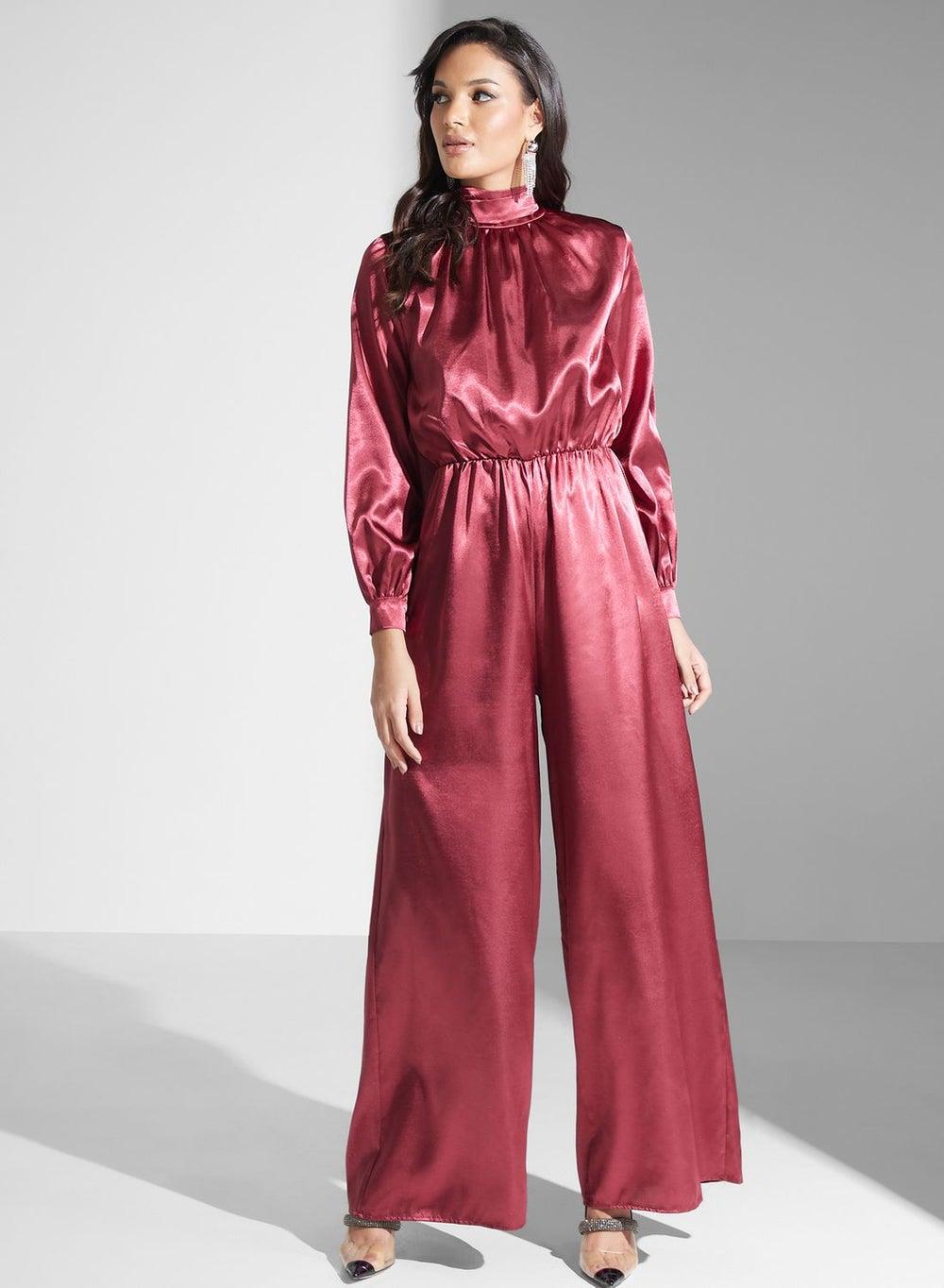 High Neck Drape Jumpsuit with Long Sleeves - Image 1