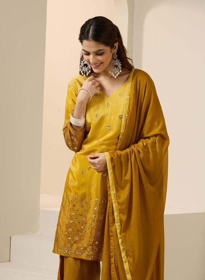 Women's Yellow Poly Silk Printed 3 Piece Kurta Set - Image 1