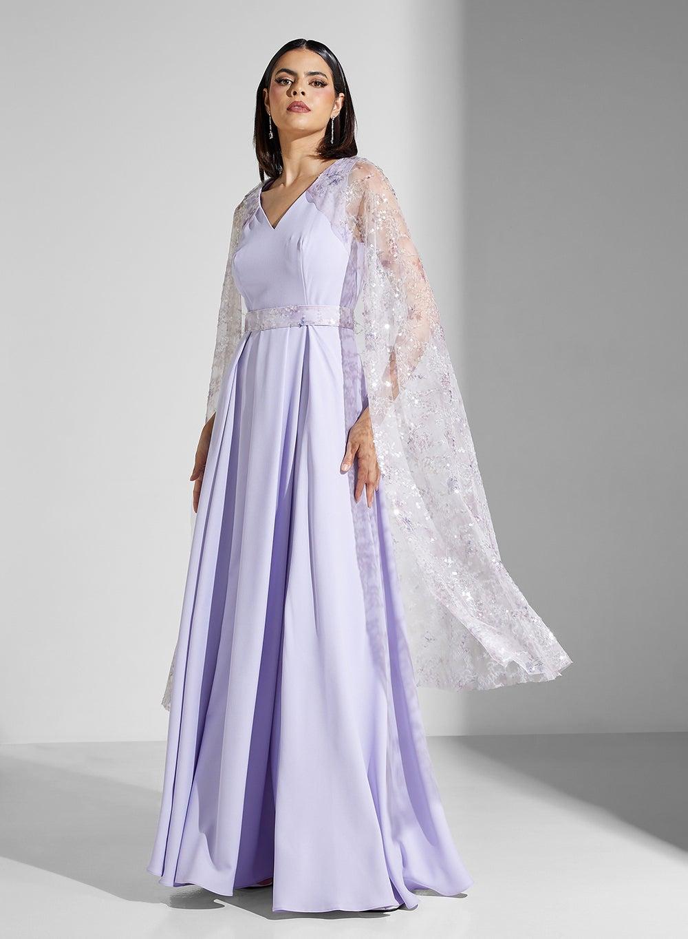 Lilac Lace Overlay Maxi Evening Dress - Image 1