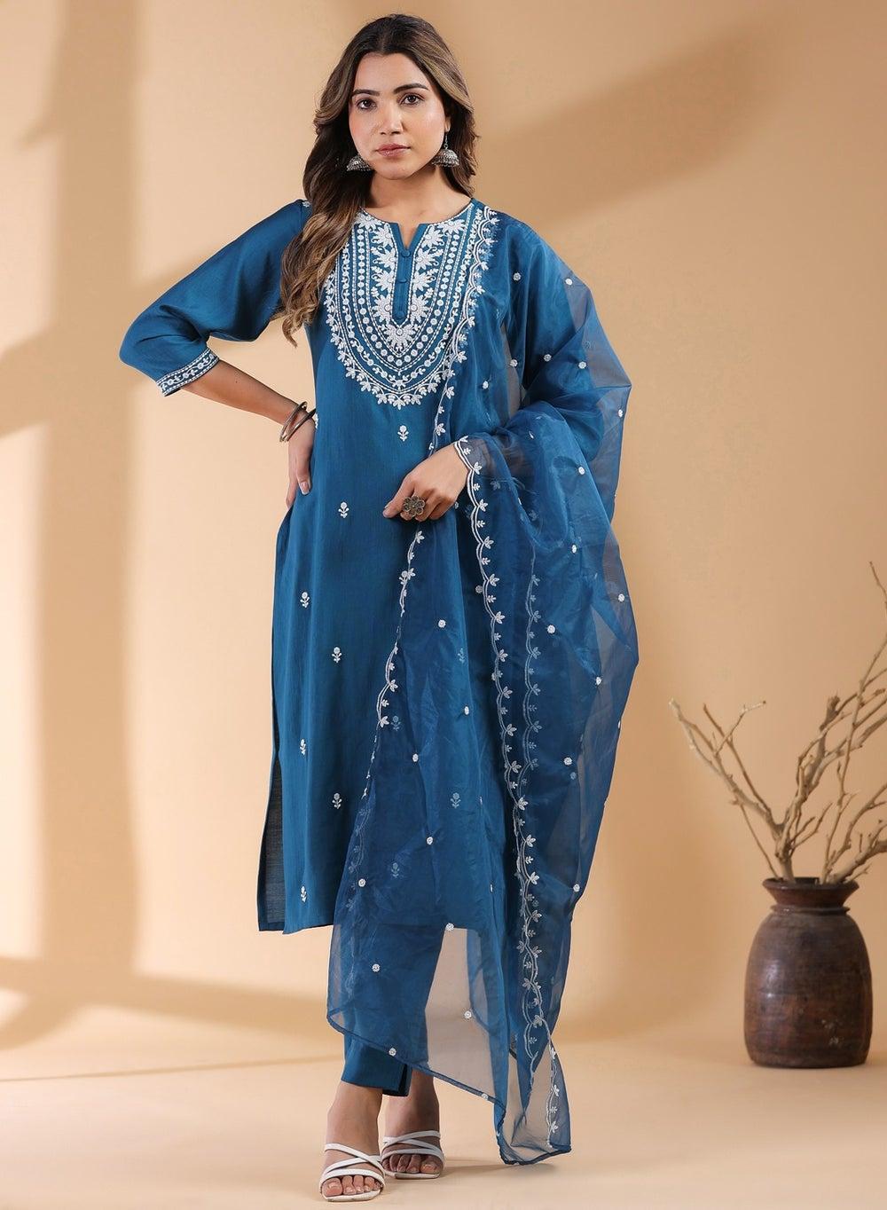 Teal Chinnon Embroidered Kurta 3-Piece Set - Image 1