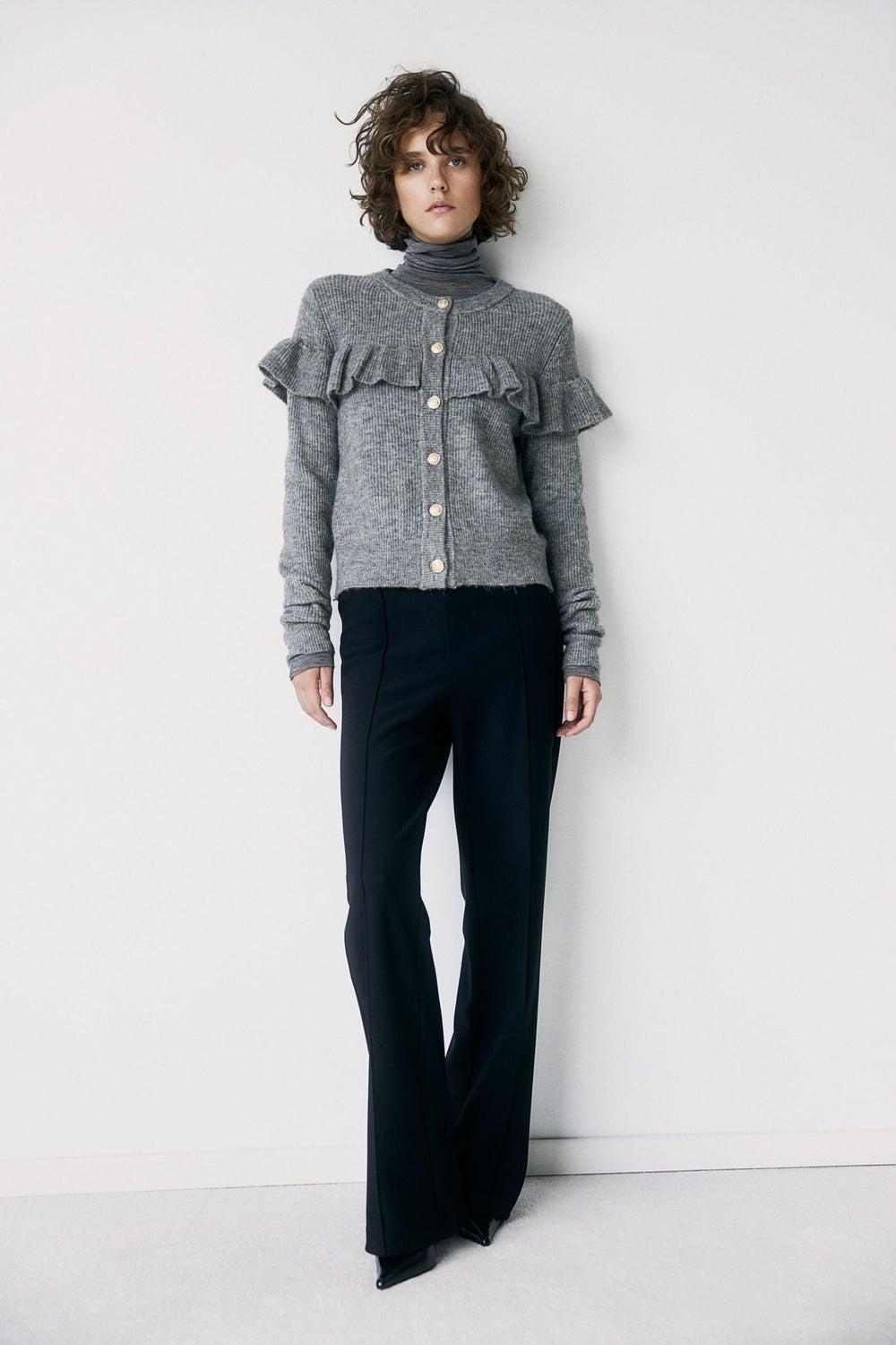 Frill-Trimmed Rib-Knit Button Cardigan - Image 1