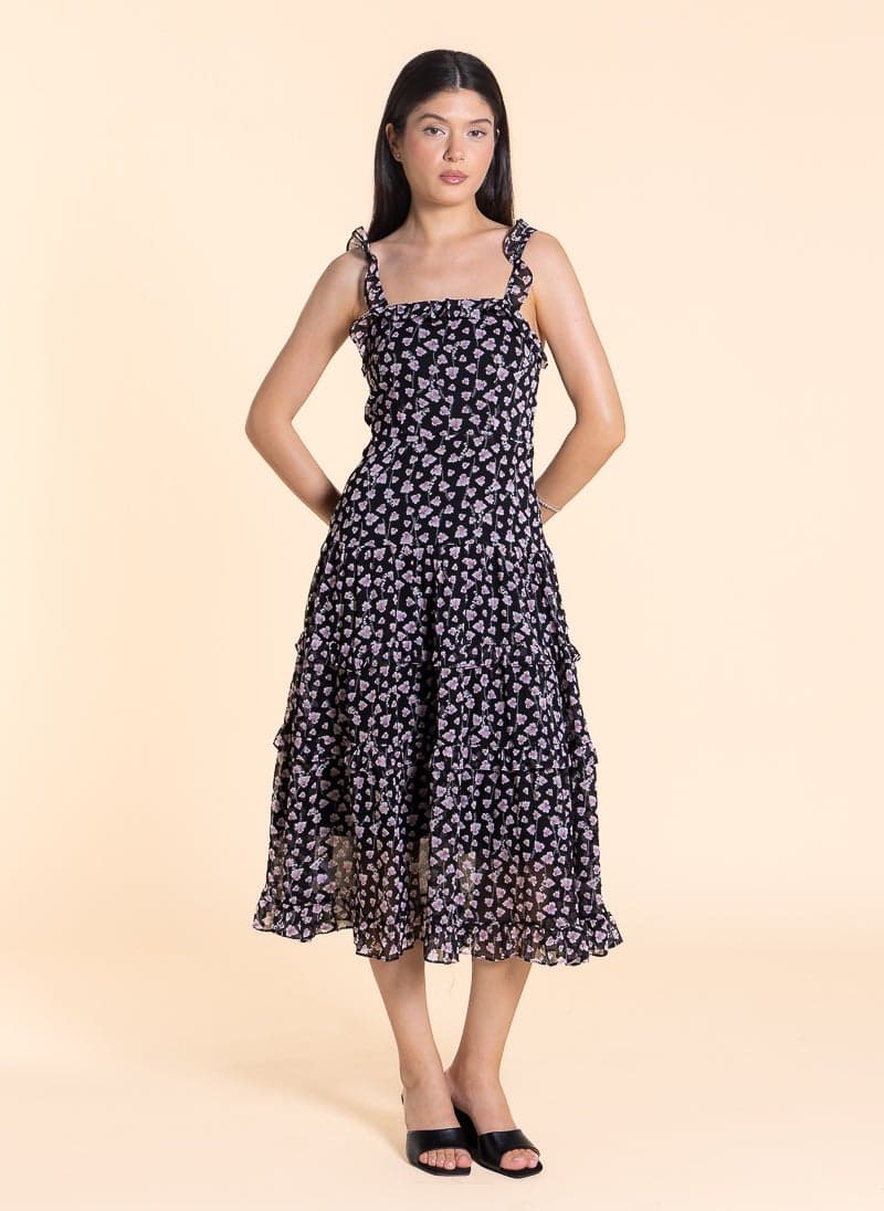 Floral Tiered Midi Dress with Ruffled Straps - Image 1