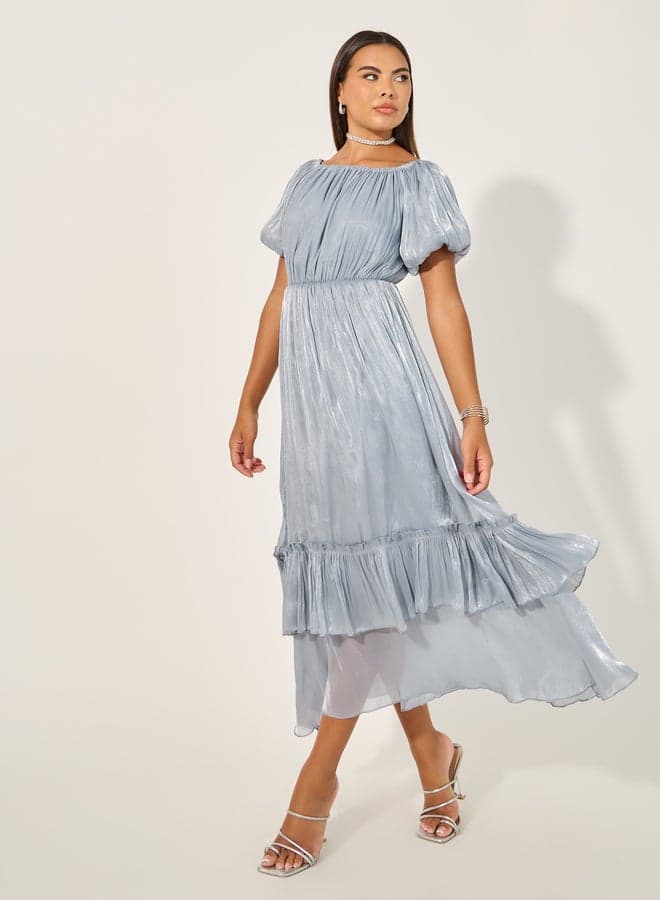 Shimmer Ruffle Midi Dress with Off-Shoulder Neckline - Image 1