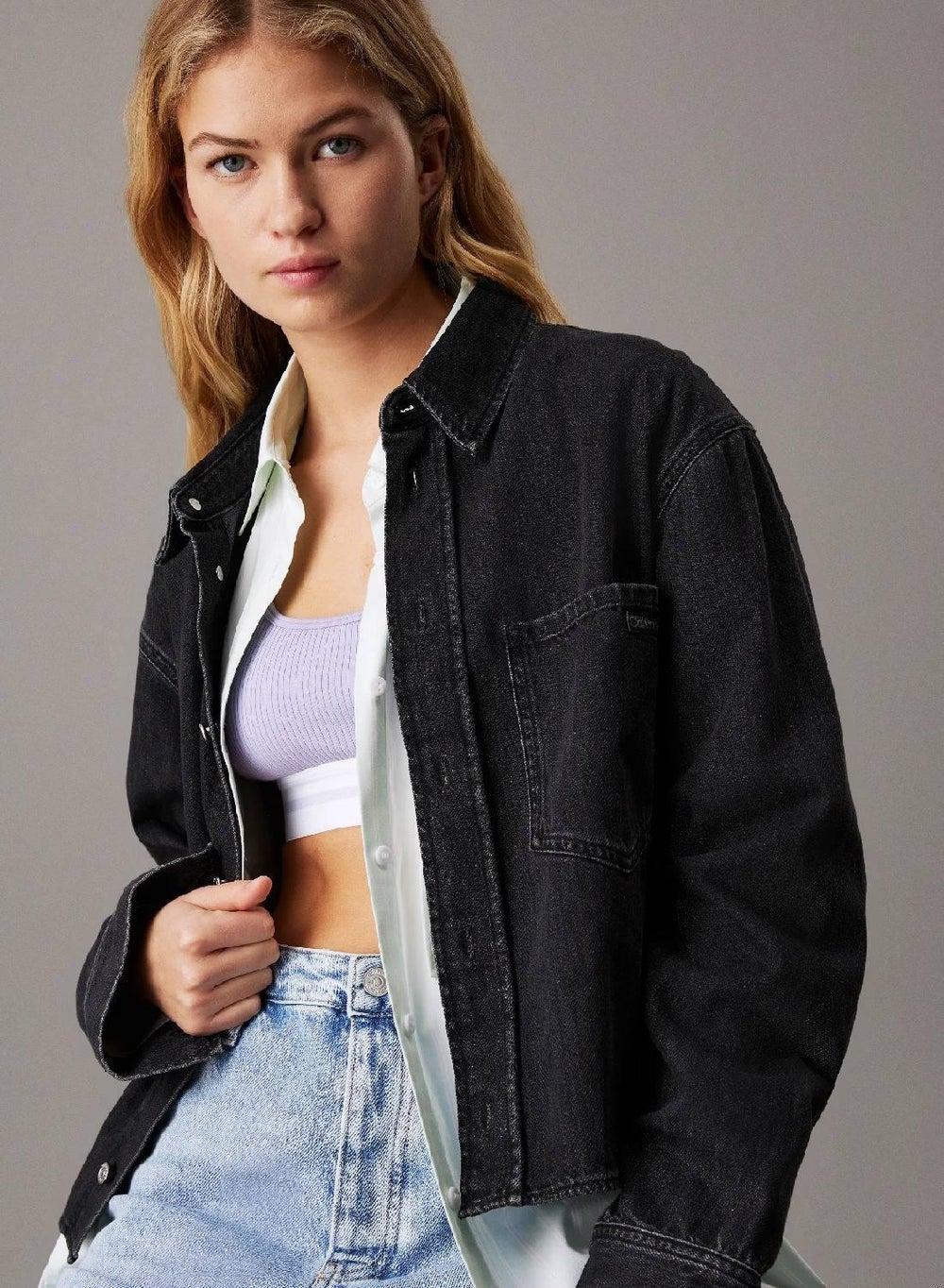 Cropped Denim Dad Shirt in Black Wash - Image 1