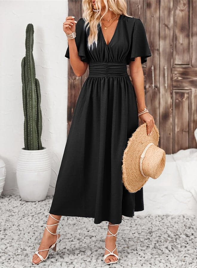 Black Flutter Sleeve Midi Dress with Ruched Waist - Image 1