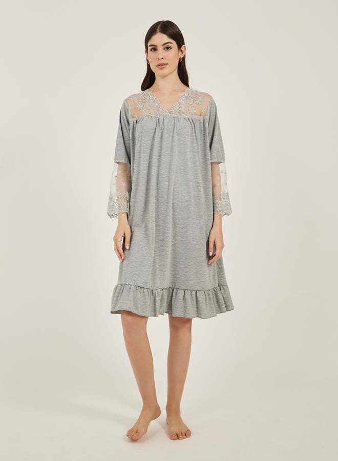 Solid Ruffled Hem Nightdress with Lace Insert - Image 1