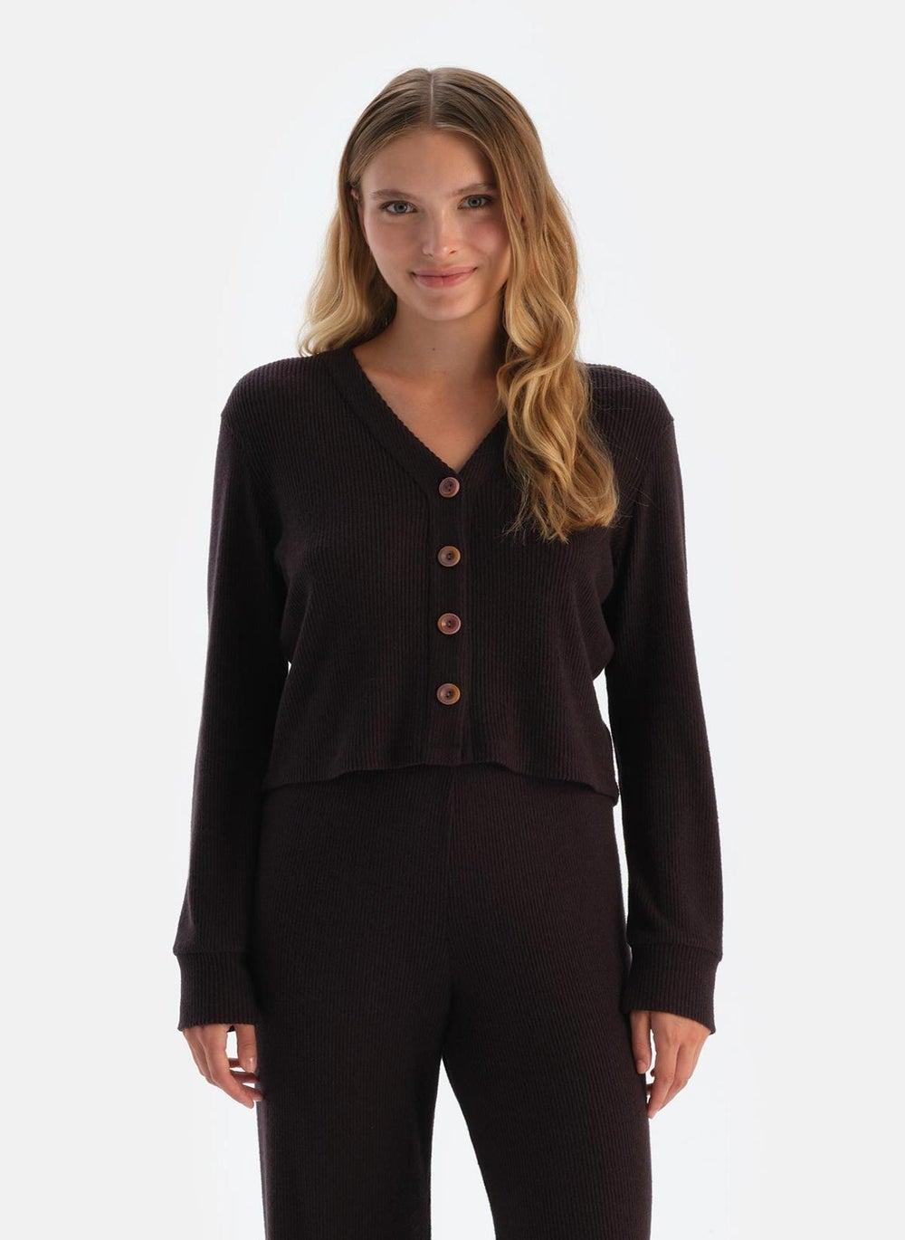 Brown 100% Cotton V-Neck Long Sleeve Vest - Image 1