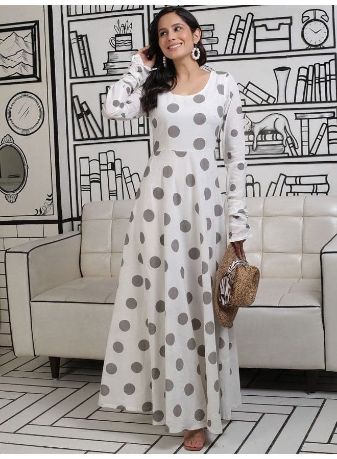 White and Grey Polka Dots Flared Maxi Dress - Image 1