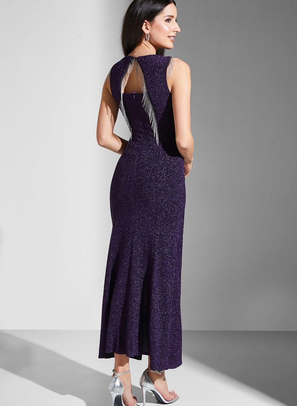 Sparkle Column Dress with Open Back Fringe Detail - Image 1