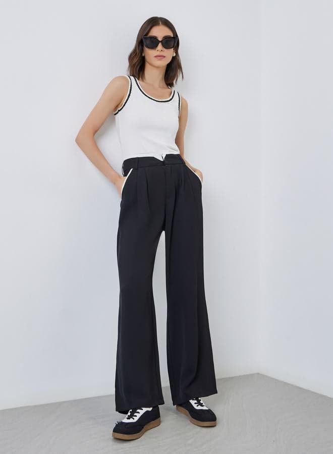 Women Black Wide Leg Trousers with Contrast Seam - Image 1