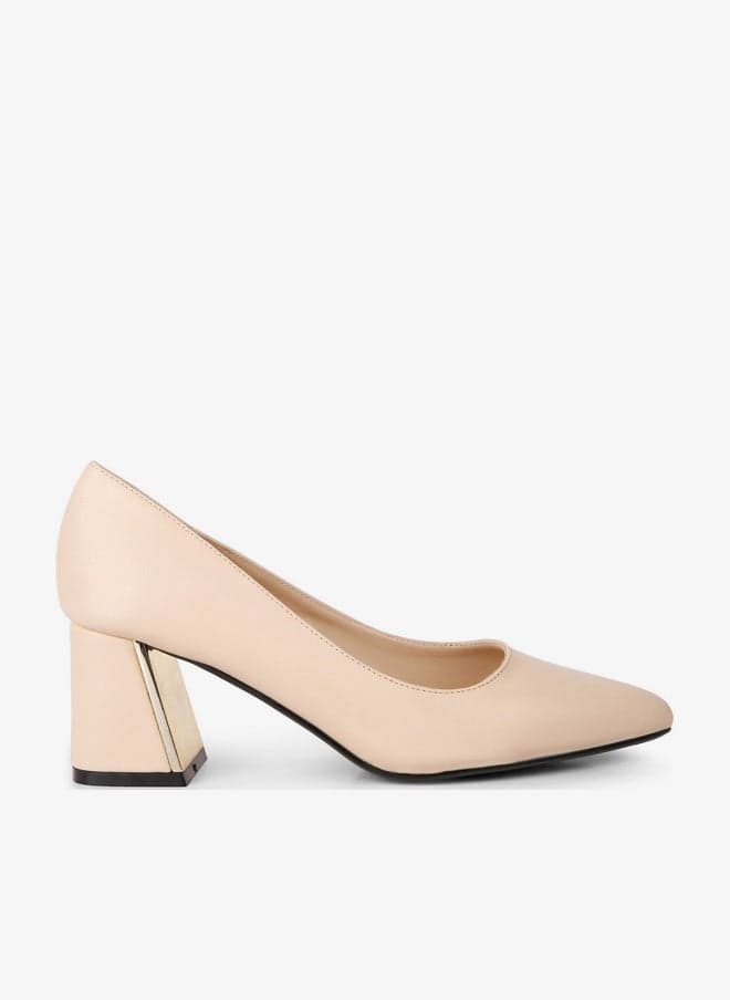 Beige Metallic Detail Block Heel Pumps - Image 1
